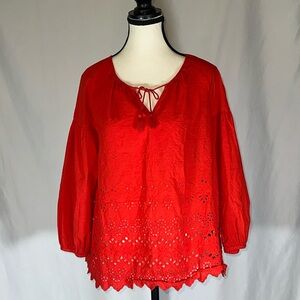 Madewell • Beautiful Bright Poppy Red Eyelet Lattice Scalloped Hem Blouse Size S